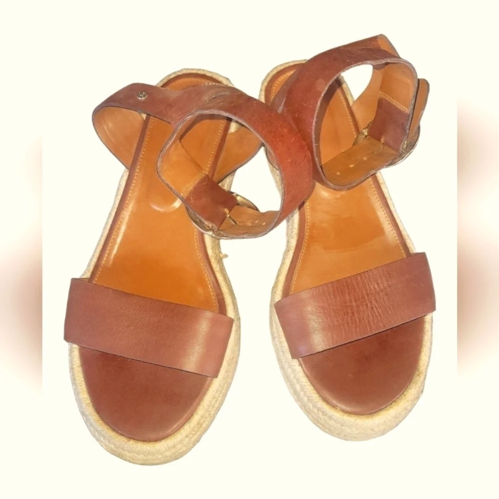 Valez Women's Brown Leather Adjustable Ankle Buckle Wedge Espradrille Sandals